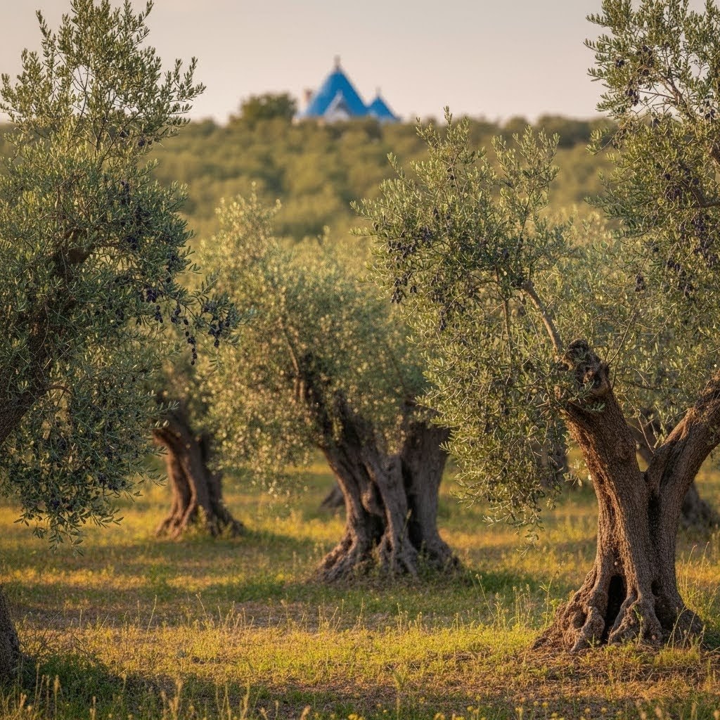 A vibrant photo of an olive grove, with sunlight filtering through bright green leaves against a clear blue sky.